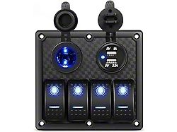 4-Gang Rocker Switch Panel with USB Charger and Power Socket; Blue LED (Universal; Some Adaptation May Be Required)