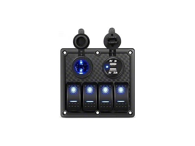 4-Gang Rocker Switch Panel with USB Charger and Power Socket; Blue LED (Universal; Some Adaptation May Be Required)