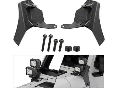 Dual A-Pillar Light Windshield Mounting Brackets; Vertical (18-25 Jeep Wrangler JL, Excluding 4xe & Rubicon 392)