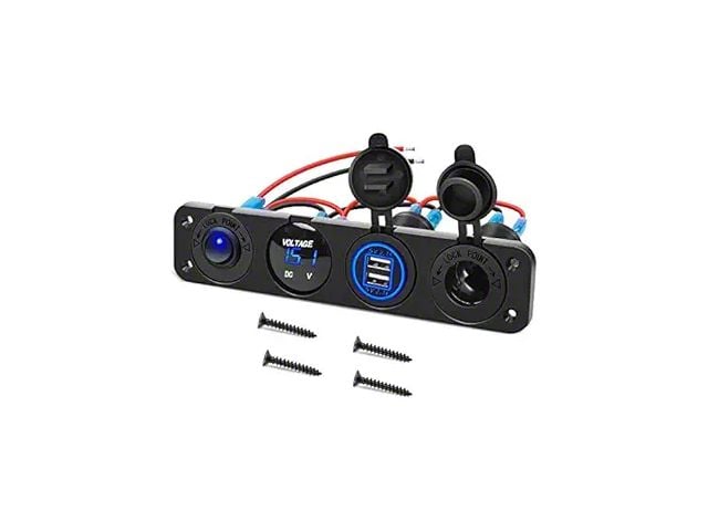 4-in-1 ON/OFF Charger Socket Panel with Dual USB Socket, Power Outlet, LED Voltmeter, and Cigarette Lighter Socket; Blue LED (Universal; Some Adaptation May Be Required)