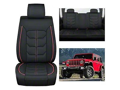 Waterproof Leather Front and Rear Seat Covers; Black and Red (07-24 Jeep Wrangler JK & JL 4-Door)