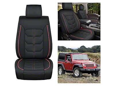 Waterproof Leather Front Seat Covers; Black and Red (07-24 Jeep Wrangler JK & JL)