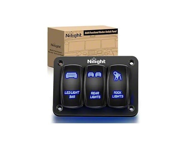 3-Gang Aluminum Rocker Switch Panel with LED Light, Rear Light, and Rock Light Rocker Switches; Blue LED (Universal; Some Adaptation May Be Required)