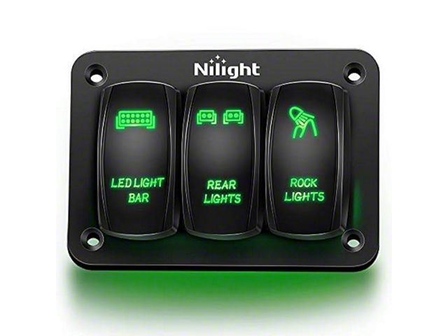 3-Gang Aluminum Rocker Switch Panel with Rocker Switches; Green LED (Universal; Some Adaptation May Be Required)