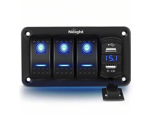 3-Gang Rocker Switch Panel w/ Dual USB Chargers, Voltmeter, Blue (Universal; Some Adaptation May Be Required)