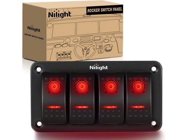 4-Gang Aluminum Rocker Switch Panel with Rocker Switches; Red LED (Universal; Some Adaptation May Be Required)