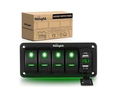 4-Gang Rocker Switch Panel with Dual USB Chargers and Voltmeter; Green LED (Universal; Some Adaptation May Be Required)