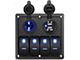 4-Gang Rocker Switch Panel with USB Charger and Power Socket; Blue LED (Universal; Some Adaptation May Be Required)