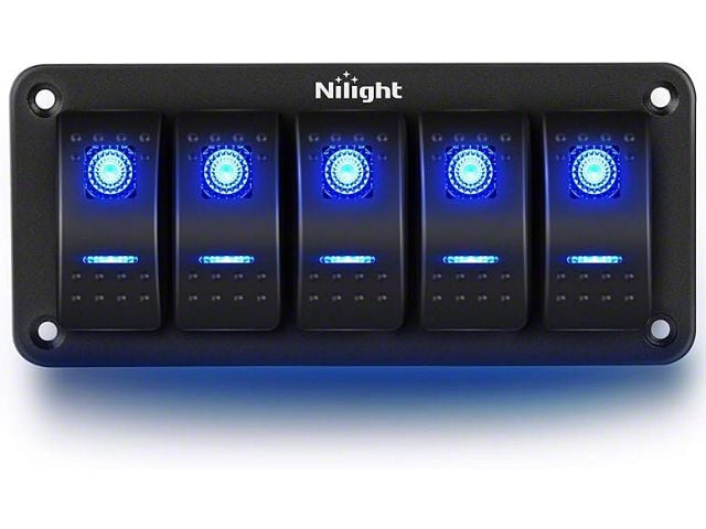 5-Gang Aluminum Rocker Switch Panel with Rocker Switches; Blue LED (Universal; Some Adaptation May Be Required)