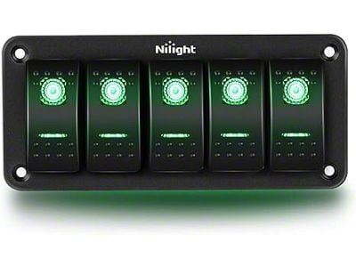 5-Gang Aluminum Rocker Switch Panel with Rocker Switches; Green LED (Universal; Some Adaptation May Be Required)