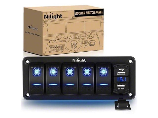 5-Gang Rocker Switch Panel with Dual USB Chargers and Voltmeter; Blue LED (Universal; Some Adaptation May Be Required)