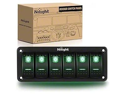 6-Gang Aluminum Rocker Switch Panel with Rocker Switches; Green LED (Universal; Some Adaptation May Be Required)