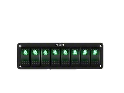 8-Gang Aluminum Rocker Switch Panel with Rocker Switches; Green LED (Universal; Some Adaptation May Be Required)
