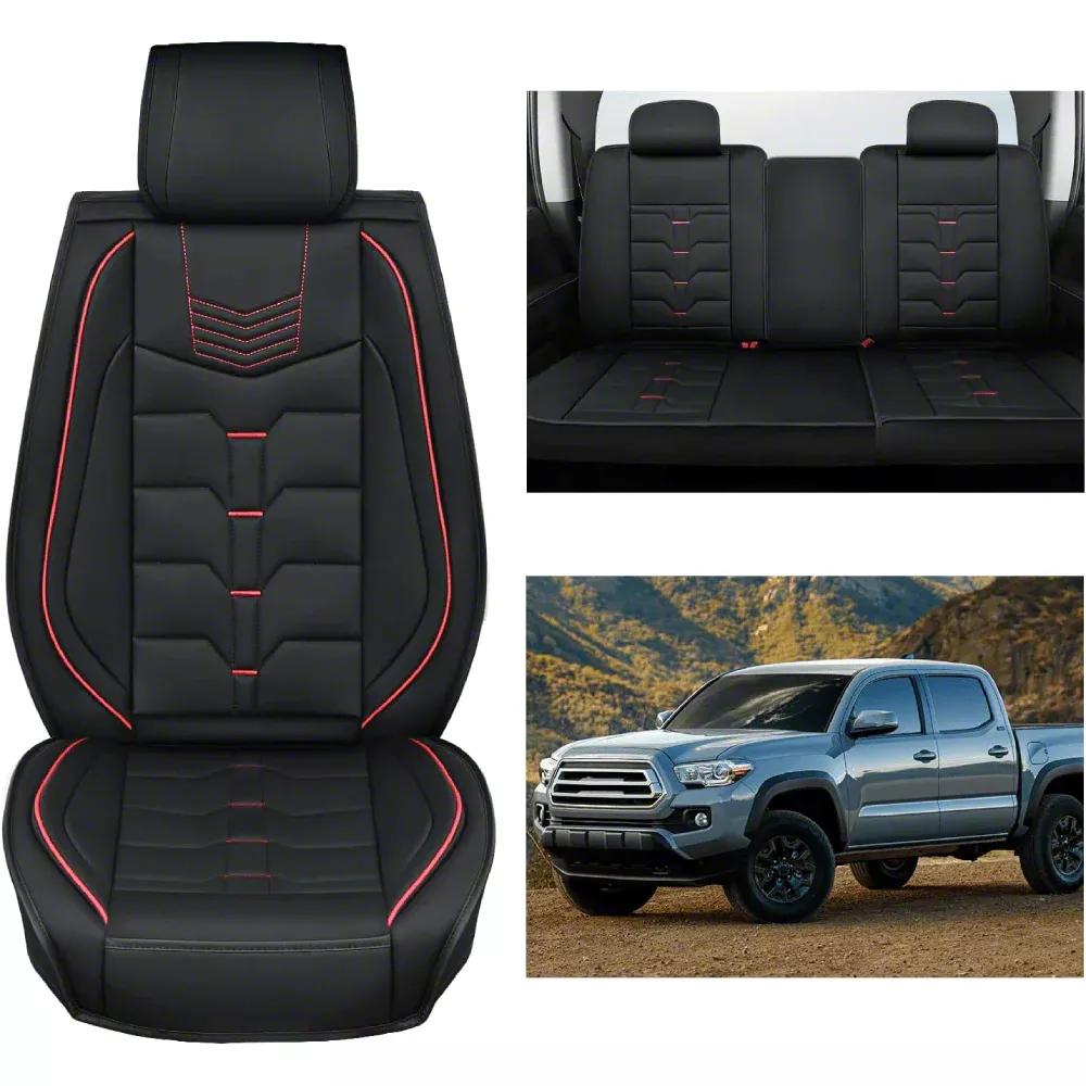 Tacoma Waterproof Leather Front and Rear Seat Covers; Black and Red (05 ...