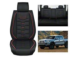 Waterproof Leather Front and Rear Seat Covers; Black and Red (05-25 Tacoma Double Cab)