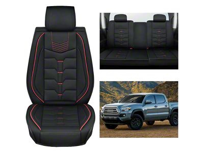 Waterproof Leather Front and Rear Seat Covers; Black and Red (05-24 Tacoma Double Cab)