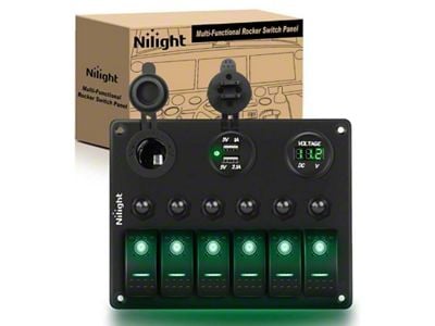 6-Gang Toggle Rocker Switch Panel with Digital Voltmeter and Cigarette Socket Double USB Power Charger Adapter; Green LED (Universal; Some Adaptation May Be Required)