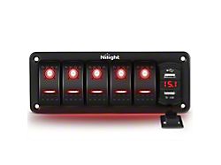 5-Gang Rocker Switch Panel with Dual USB Chargers and Voltmeter; Red LED (Universal; Some Adaptation May Be Required)