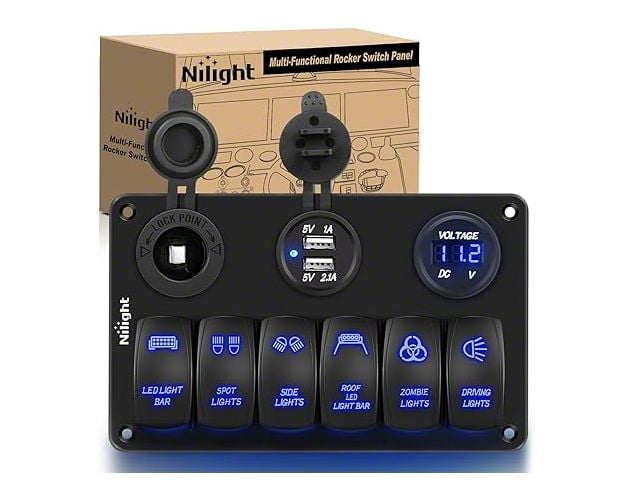 6-Gang Aluminum Rocker Switch Panel with USB and Cigarette Lighter Power; Blue LED (Universal; Some Adaptation May Be Required)