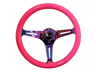 NRG Innovations Classic Wood Grain 350mm Steering Wheel; Neochrome and Neon Pink (Universal; Some Adaptation May Be Required)