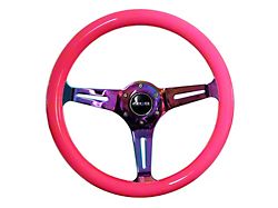 NRG Innovations Classic Wood Grain 350mm Steering Wheel; Neochrome and Neon Pink (Universal; Some Adaptation May Be Required)