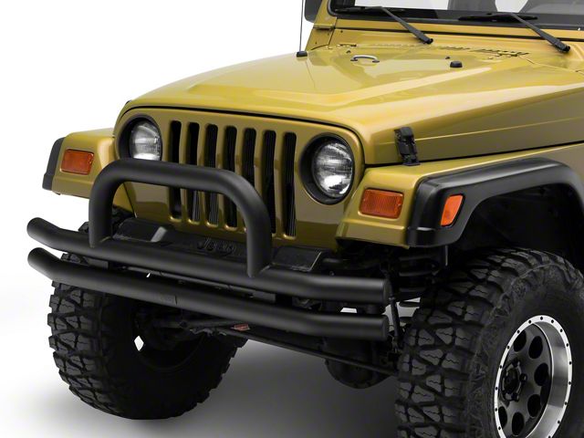 Jeep Licensed by RedRock Double Tubular Front Bumper with Classic Over-Rider Hoop and Jeep Logo; Textured Black (87-06 Jeep Wrangler YJ & TJ)