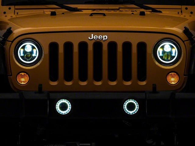 Quake LED Tempest 7-Inch Headlights and 4-Inch Fog Lights with White DRL Halo and Amber Turn Signal; Black Housing; Clear Lens (76-86 Jeep CJ5 & CJ7; 97-18 Jeep Wrangler TJ & JK)