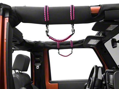 RedRock Front Rollbar Paracord Grab Handles with D-Rings; Black and Pink (07-18 Jeep Wrangler JK)