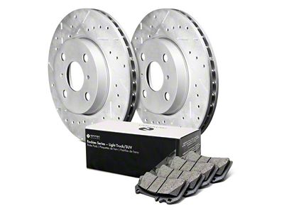 Rockies Series Cross-Drilled and Slotted 5-Lug Brake Rotor and Light Truck/SUV Pad Kit; Rear (07-21 Tundra)