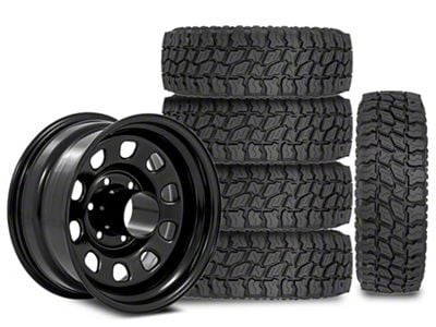 15x8 Rough Country Steel & 31in Mudclaw Mud-Terrain Comp MTX Tire Package; Set of 5 (97-06 Jeep Wrangler TJ)
