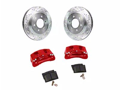 SSBC-USA M4-Moab Rear 4-Piston Caliper and Performance Brake Pad Upgrade Kit with Cross-Drilled Slotted Rotors; Red Calipers (20-24 Jeep Gladiator JT)