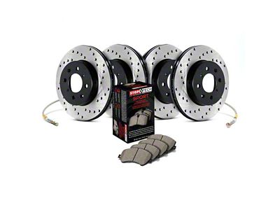 StopTech Sport Axle Drilled 6-Lug Brake Rotor and Pad Kit; Front and Rear (03-09 4Runner w/ 13.30-Inch Front Rotors)