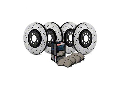 StopTech Street Axle Drilled 6-Lug Brake Rotor and Pad Kit; Front and Rear (03-09 4Runner w/ 13.30-Inch Front Rotors)