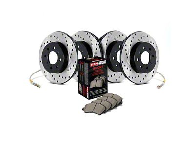 StopTech Sport Axle Drilled Brake Rotor, Pad and Brake Line Kit; Front and Rear (11-17 Jeep Grand Cherokee WK2 w/ Solid Rear Rotors, Excluding SRT & SRT8)