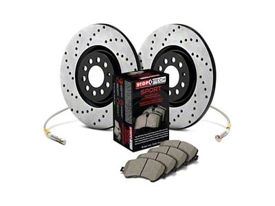 StopTech Sport Axle Drilled Brake Rotor, Pad and Brake Line Kit; Rear (11-17 Jeep Grand Cherokee WK2 w/ Solid Rear Rotors, Excluding SRT & SRT8)