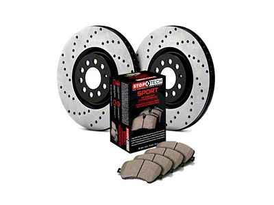 StopTech Sport Axle Drilled Brake Rotor and Pad Kit; Front (11-17 Jeep Grand Cherokee WK2 w/ Solid Rear Rotors, Excluding SRT & SRT8)