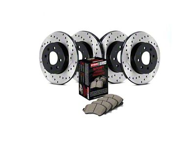 StopTech Sport Axle Drilled Brake Rotor and Pad Kit; Front and Rear (11-17 Jeep Grand Cherokee WK2 w/ Solid Rear Rotors, Excluding SRT & SRT8)
