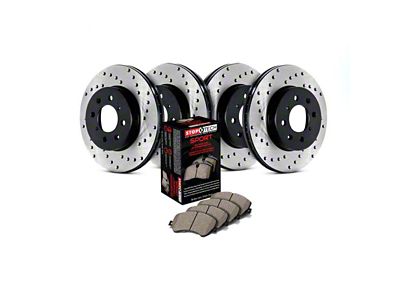 StopTech Sport Axle Drilled Brake Rotor and Pad Kit; Front and Rear (11-17 Jeep Grand Cherokee WK2 w/ Vented Rear Rotors, Excluding SRT, SRT8 & Trackhawk)