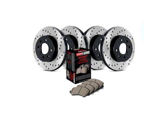 StopTech Sport Axle Drilled Brake Rotor and Pad Kit; Front and Rear (05-10 Jeep Grand Cherokee WK, Excluding SRT8)