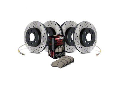 StopTech Sport Axle Drilled and Slotted Brake Rotor, Pad and Brake Line Kit; Front and Rear (11-17 Jeep Grand Cherokee WK2 w/ Solid Rear Rotors, Excluding SRT & SRT8)