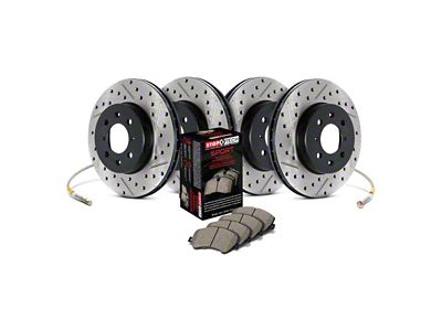 StopTech Sport Axle Drilled and Slotted Brake Rotor, Pad and Brake Line Kit; Front and Rear (11-15 Jeep Grand Cherokee WK2 w/ Vented Rear Rotors, Excluding SRT, SRT8 & Trackhawk)