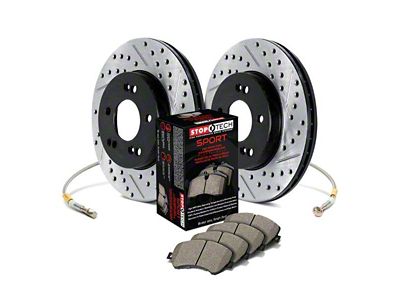 StopTech Sport Axle Drilled and Slotted Brake Rotor, Pad and Brake Line Kit; Front (06-10 Jeep Grand Cherokee WK SRT8)