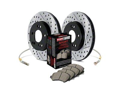 StopTech Sport Axle Drilled and Slotted Brake Rotor, Pad and Brake Line Kit; Front (11-16 Jeep Grand Cherokee WK2 w/ Vented Rear Rotors, Excluding SRT & SRT8)