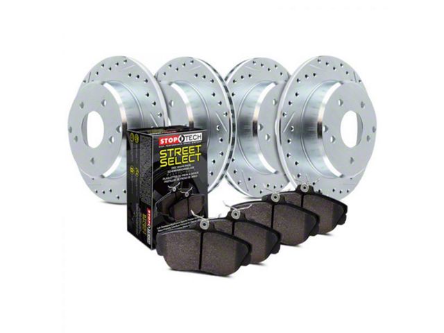StopTech Sport Axle Drilled and Slotted Brake Rotor and Pad Kit; Front and Rear (05-10 Jeep Grand Cherokee WK, Excluding SRT8)