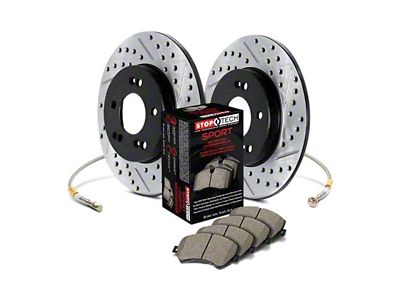 StopTech Sport Axle Drilled and Slotted Brake Rotor, Pad and Brake Line Kit; Rear (11-17 Jeep Grand Cherokee WK2 w/ Solid Rear Rotors, Excluding SRT & SRT8)
