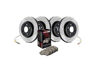 StopTech Sport Axle Slotted Brake Rotor, Pad and Brake Line Kit; Front and Rear (06-10 Jeep Grand Cherokee WK SRT8)