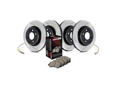 StopTech Sport Axle Slotted Brake Rotor, Pad and Brake Line Kit; Front and Rear (11-17 Jeep Grand Cherokee WK2 w/ Solid Rear Rotors, Excluding SRT & SRT8)