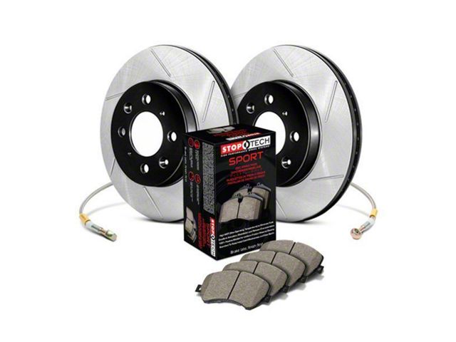 StopTech Sport Axle Slotted Brake Rotor, Pad and Brake Line Kit; Front (11-16 Jeep Grand Cherokee WK2 w/ Vented Rear Rotors, Excluding SRT & SRT8)