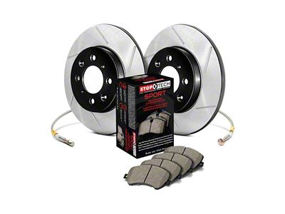 StopTech Sport Axle Slotted Brake Rotor, Pad and Brake Line Kit; Rear (11-17 Jeep Grand Cherokee WK2 w/ Solid Rear Rotors, Excluding SRT & SRT8)