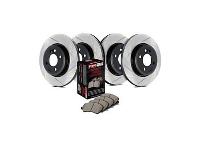 StopTech Sport Axle Slotted Brake Rotor and Pad Kit; Front and Rear (11-17 Jeep Grand Cherokee WK2 w/ Solid Rear Rotors, Excluding SRT & SRT8)